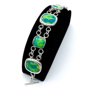 Vintage Sterling Silver Mottled Blue Green Yellow Art Glass Link Bracelet 8.25"